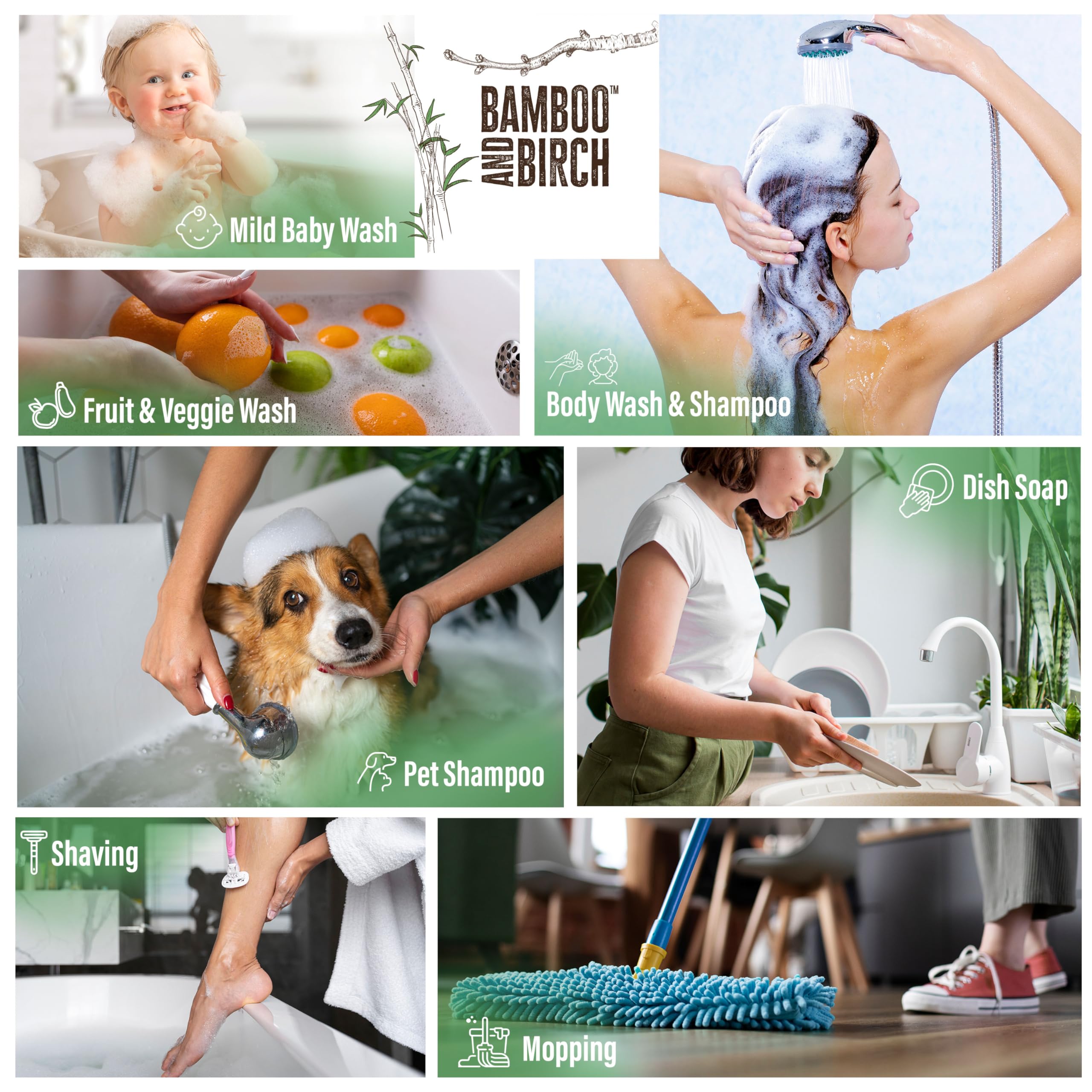 BAMBOO AND BIRCH natural ingredients peppermint scene supporting gentle cleansing and skin-friendly care.