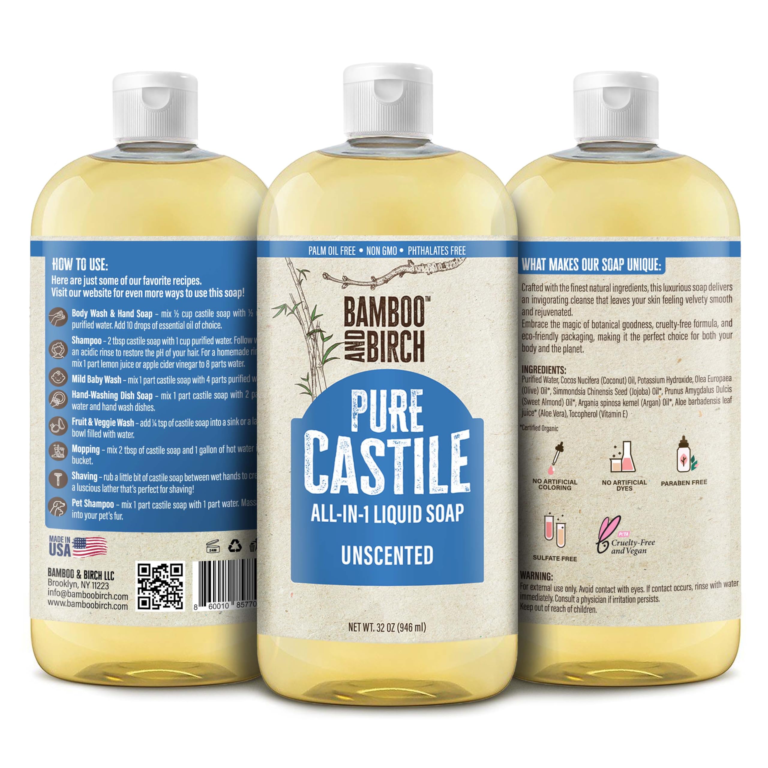 Bamboo and Birch palm-oil-free label signals eco-friendly, responsibly sourced formulation.