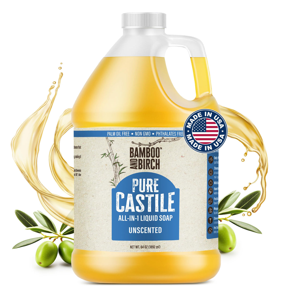 BAMBOO AND BIRCH Pure Castile Soap Liquid bottle, unscented 64oz, gentle cleansing for skin