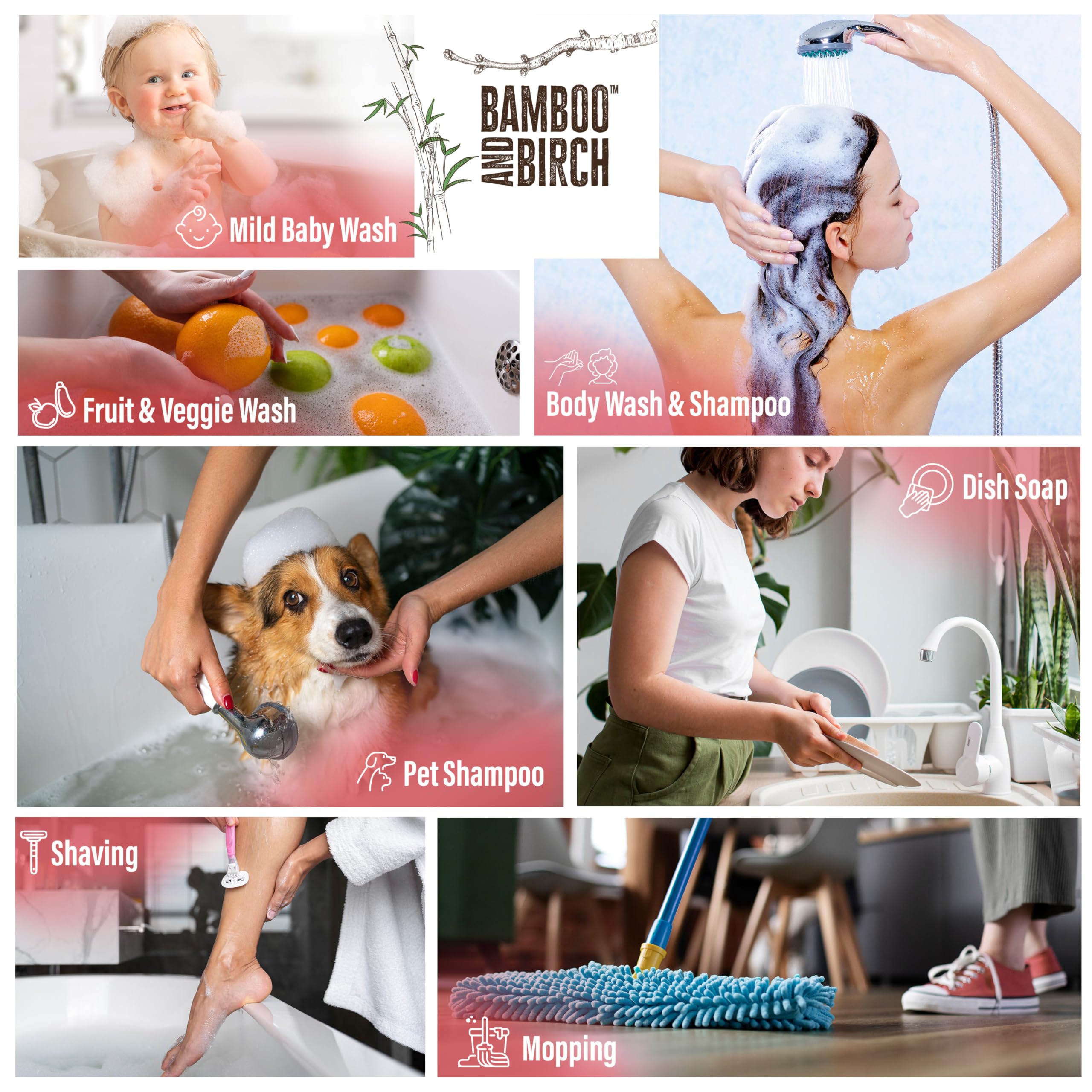 Bamboo and Birch Pure Castile Soap Liquid ingredients label highlights natural, responsibly sourced components.