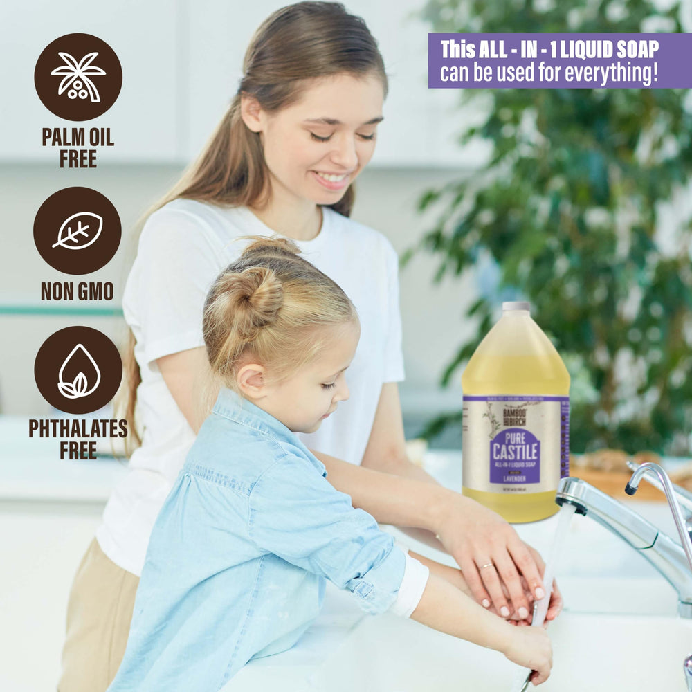 Bamboo and Birch Pure Castile Soap Liquid Lavender pour demonstrates versatile sink-side use