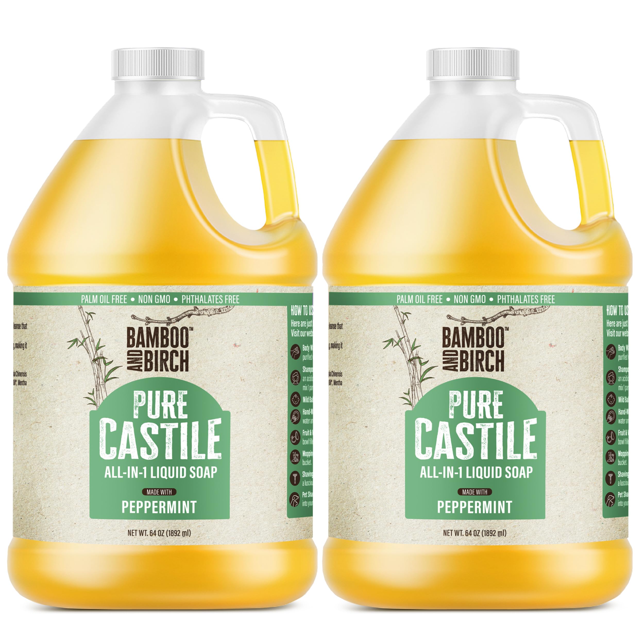 BAMBOO AND BIRCH peppermint castile soap bottle offers refreshing cleansing.
