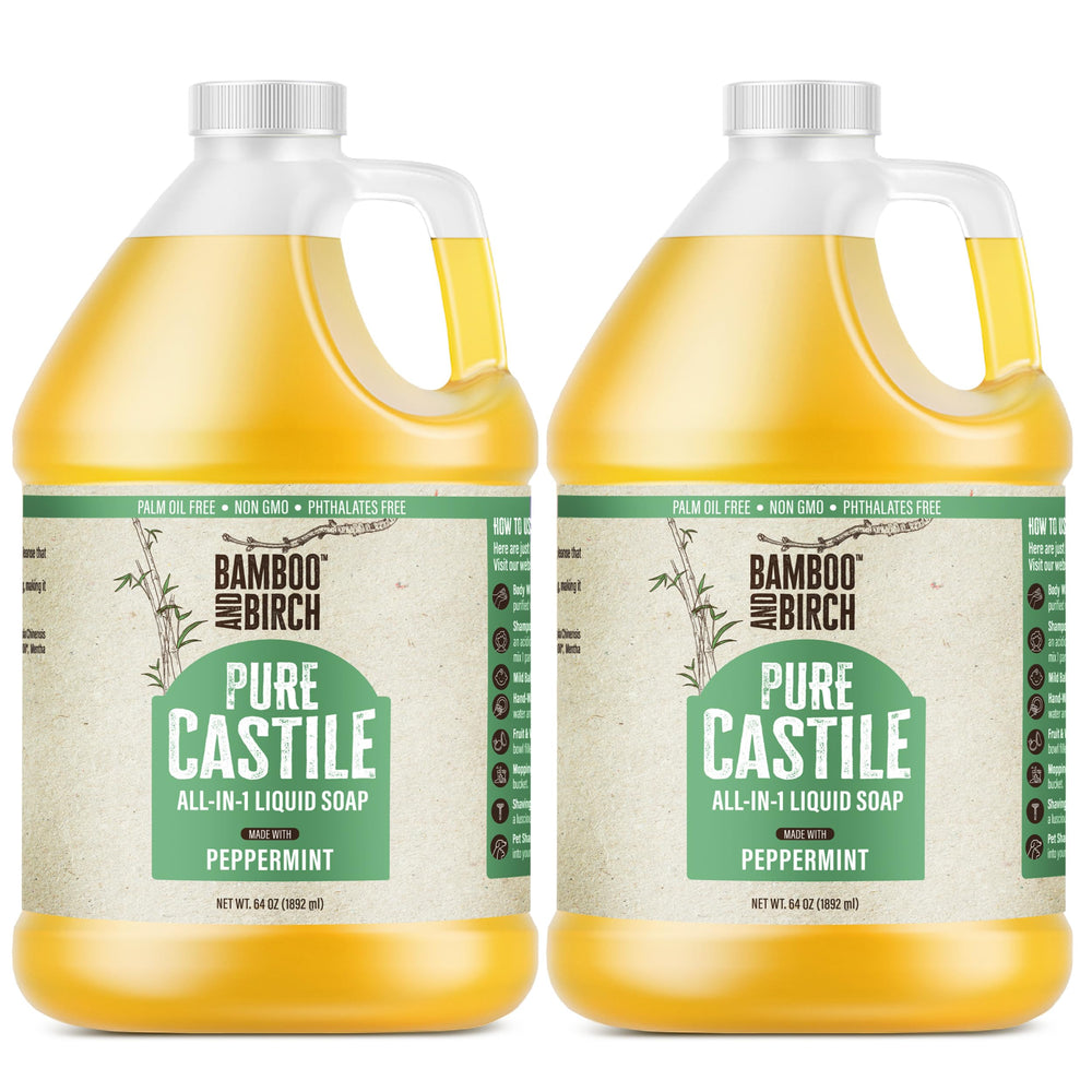 BAMBOO AND BIRCH peppermint castile soap bottle offers refreshing cleansing.