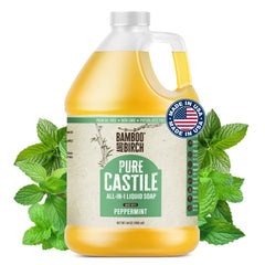 BAMBOO AND BIRCH Pure Castile Soap Liquid Peppermint bottle highlights natural, gentle cleansing for skin and hair.