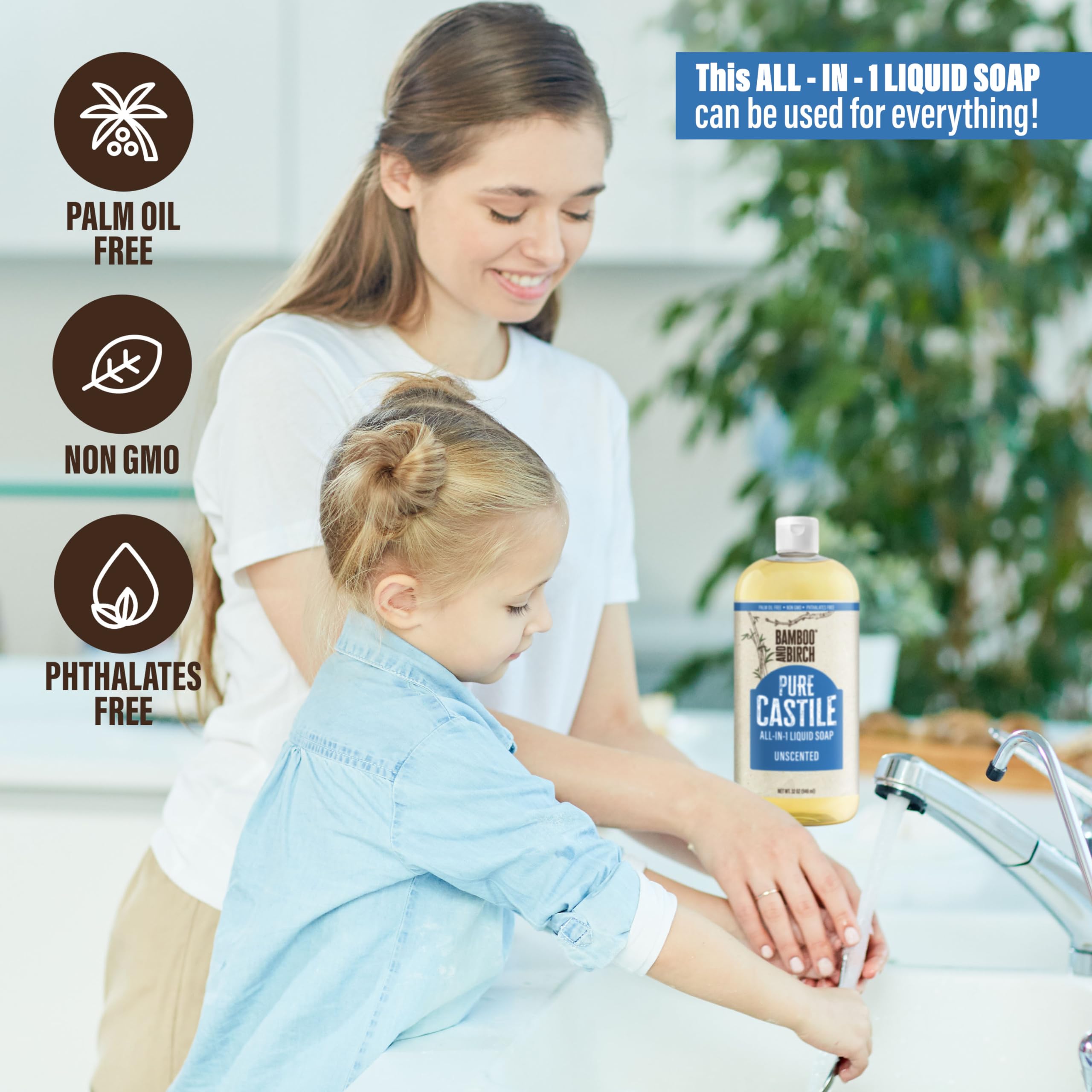 Bamboo and Birch Pure Castile Soap Liquid pour demonstrates versatile use for body, face, and dishes.
