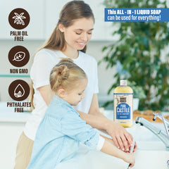 Bamboo and Birch Pure Castile Soap Liquid pour demonstrates versatile use for body, face, and dishes.