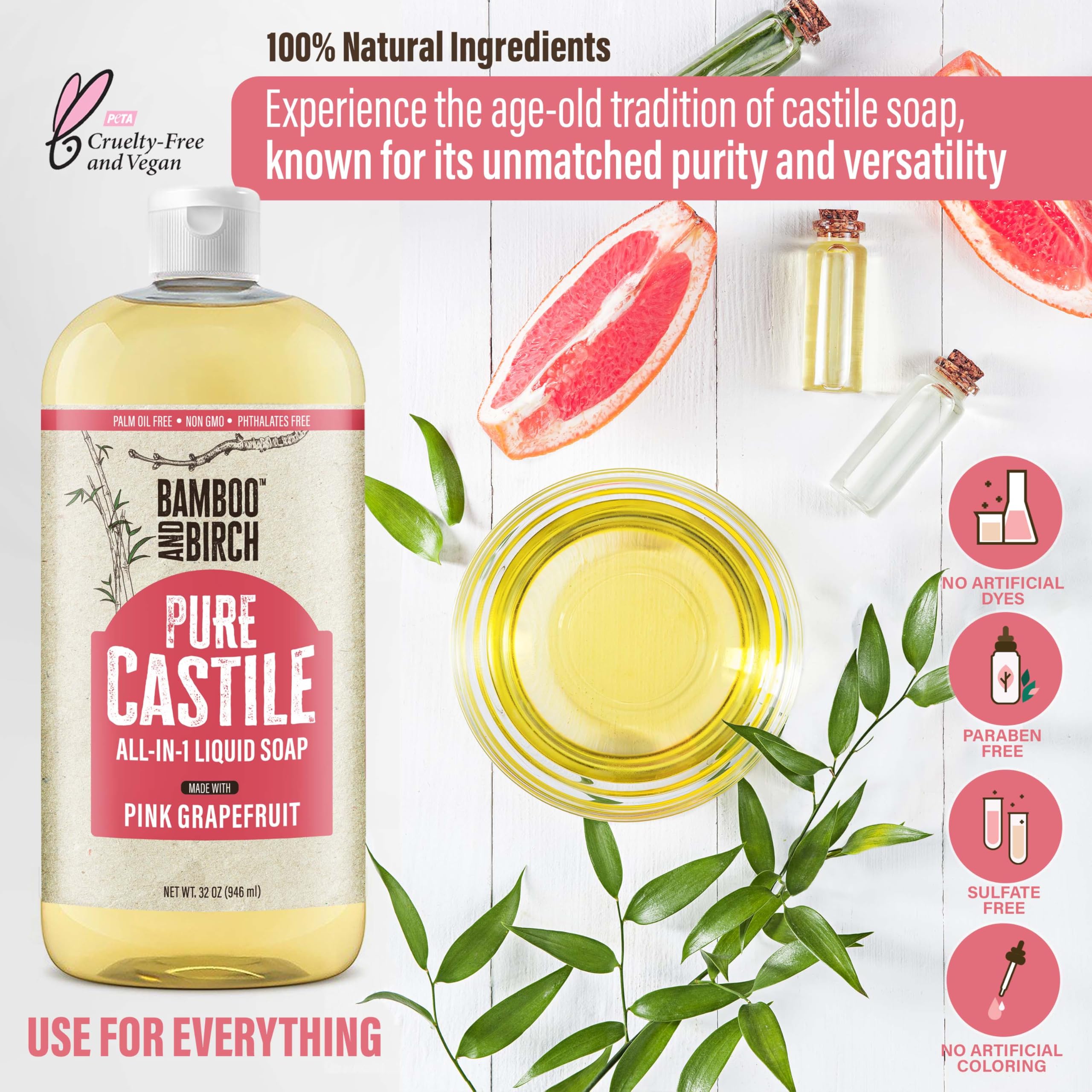 Bamboo and Birch Pure Castile Soap Liquid recyclable bottle signals eco-friendly packaging.