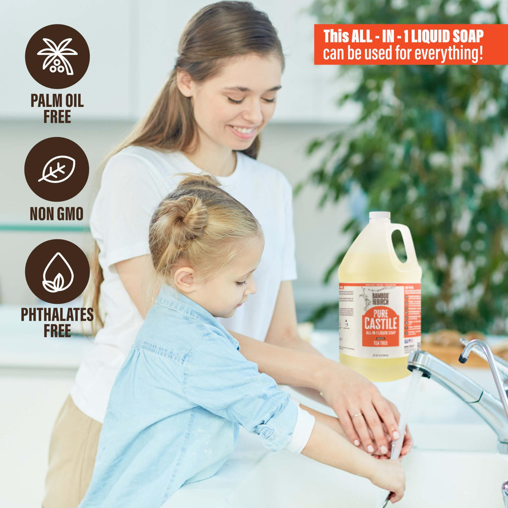 Bamboo and Birch tea tree castile soap liquid pump for easy, mess-free dispensing