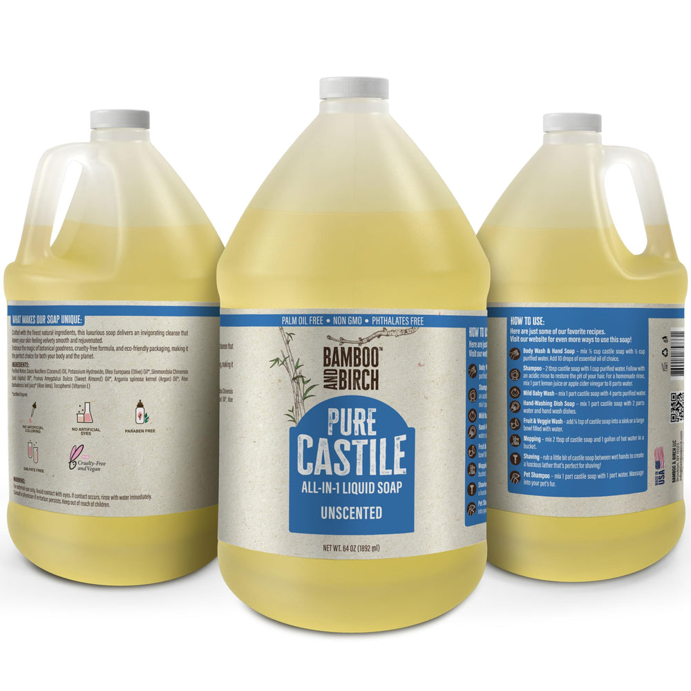 Bamboo and Birch Pure Castile Soap Unscented foaming hand image suggests gentle skin cleansing.