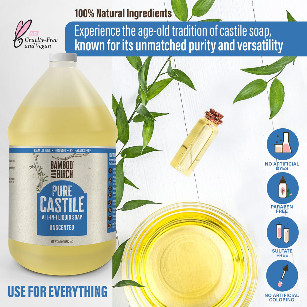 Bamboo and Birch Pure Castile Soap Unscented kitchen use shows multipurpose cleaner.