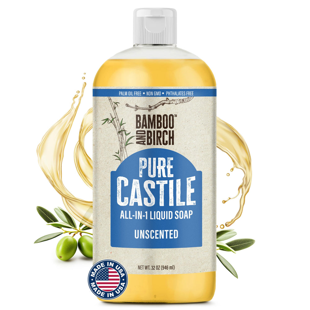 Bamboo and Birch Pure Castile Soap Liquid unscented bottle delivering gentle cleansing for sensitive skin.