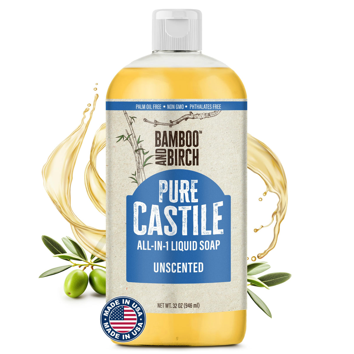 Bamboo and Birch Pure Castile Soap Liquid unscented bottle delivering gentle cleansing for sensitive skin.
