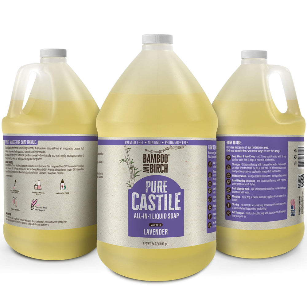 Bamboo and Birch Pure Castile Soap Liquid unscented packaging context for versatile cleaning