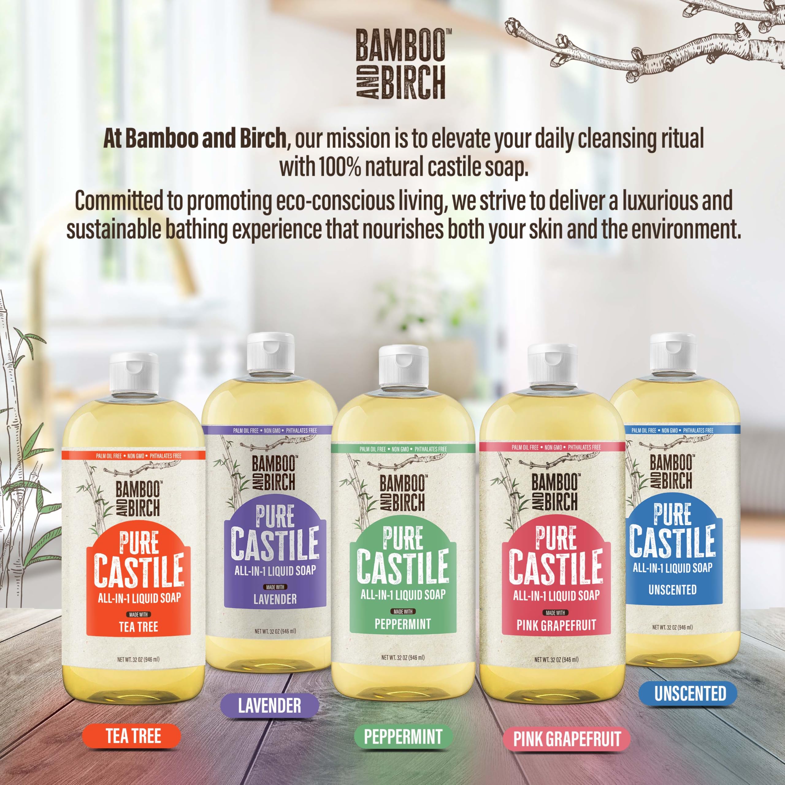 Bamboo and Birch Pure Castile Soap Liquid use-cases hints body, face, hair, dishes, and more.