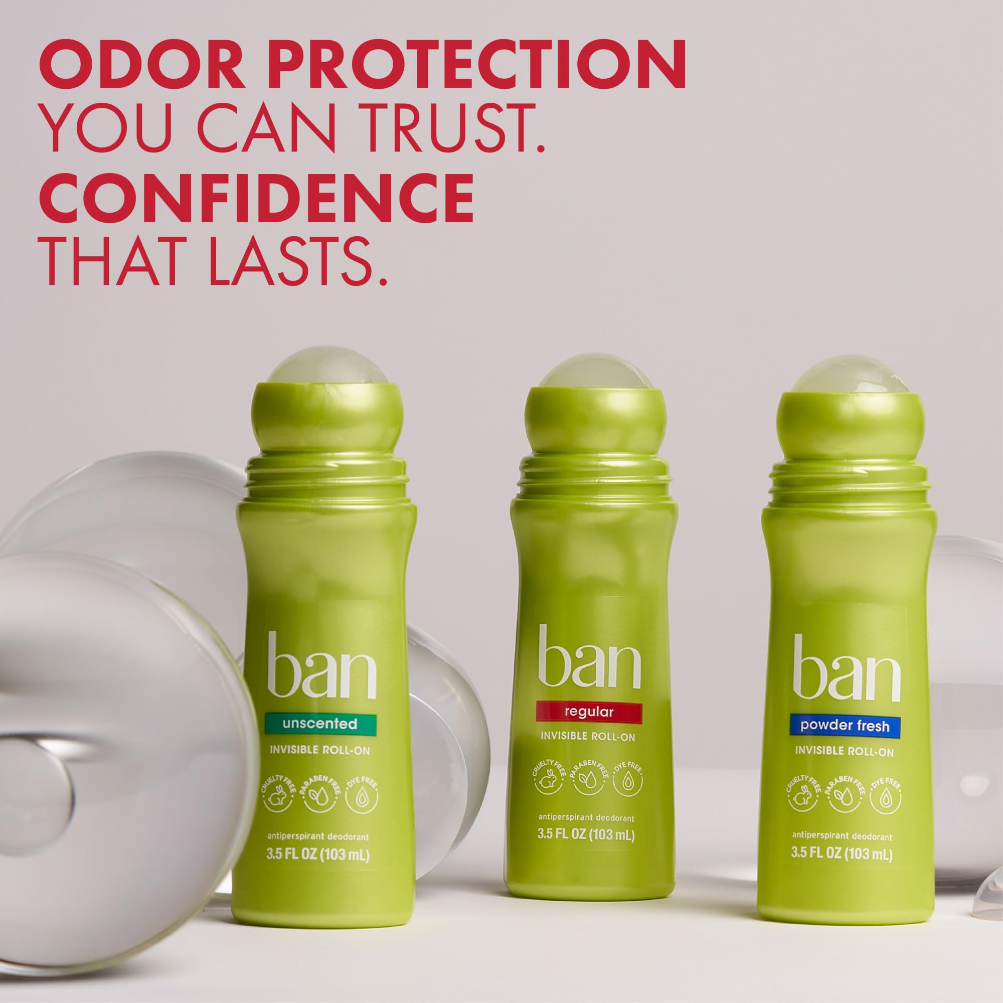 Ban Invisible Roll-On Deodorant packaging highlights travel-friendly 3.5 oz size.