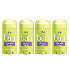 Ban Invisible Solid Shower Fresh bottle demonstrates 24-hour protection with a residue-free finish.