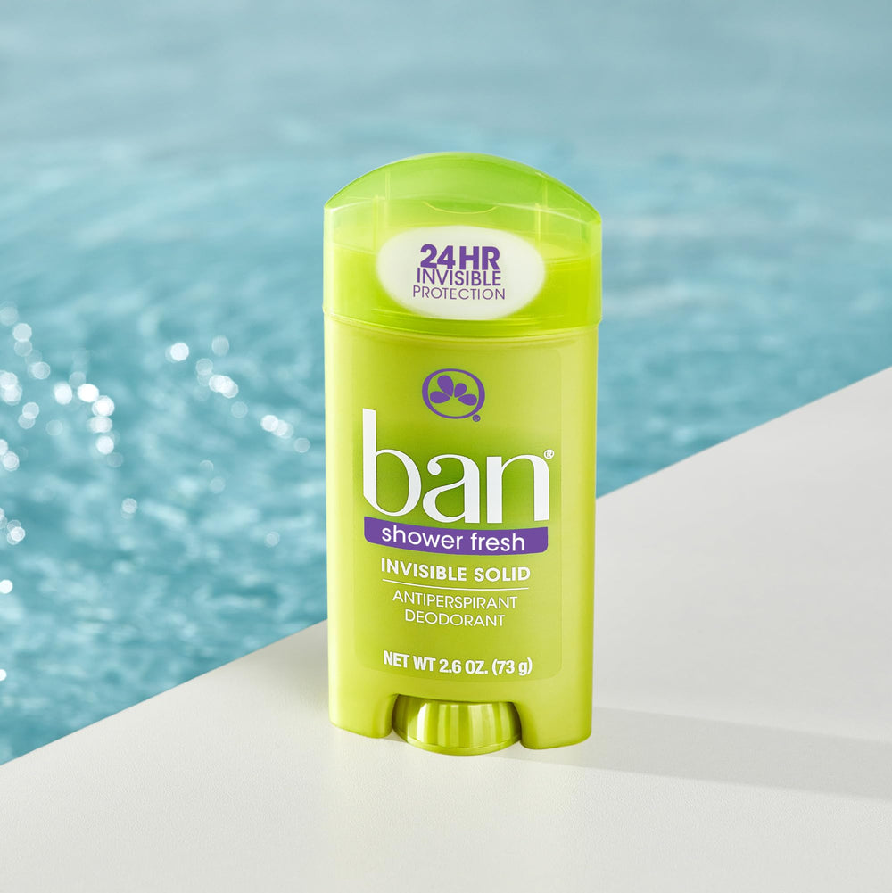 Ban Invisible Solid underarm usage demonstrates all-day odor and sweat protection.