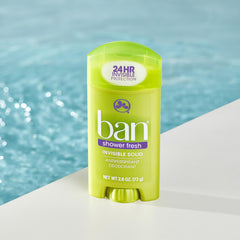 Ban Invisible Solid underarm usage demonstrates all-day odor and sweat protection.