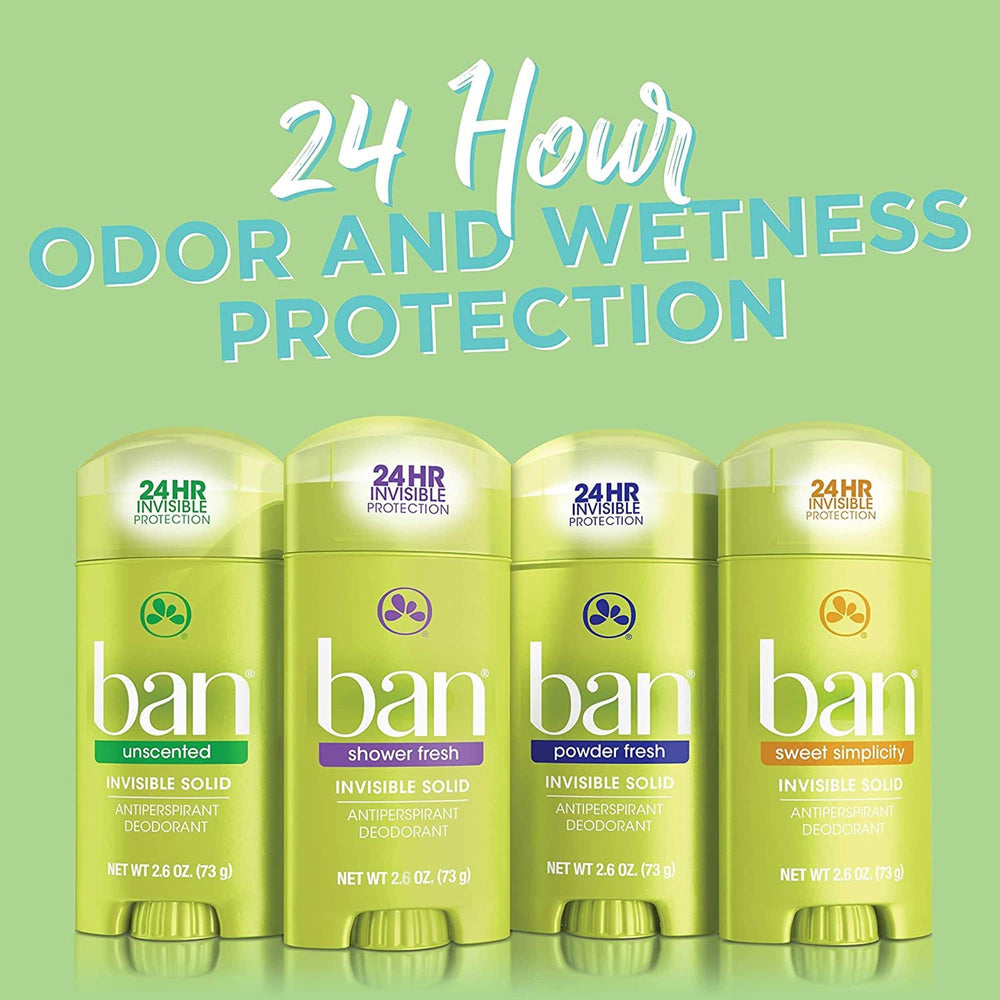 Ban deodorant infographic highlights odor-blocking ingredients reducing odor from bacteria.