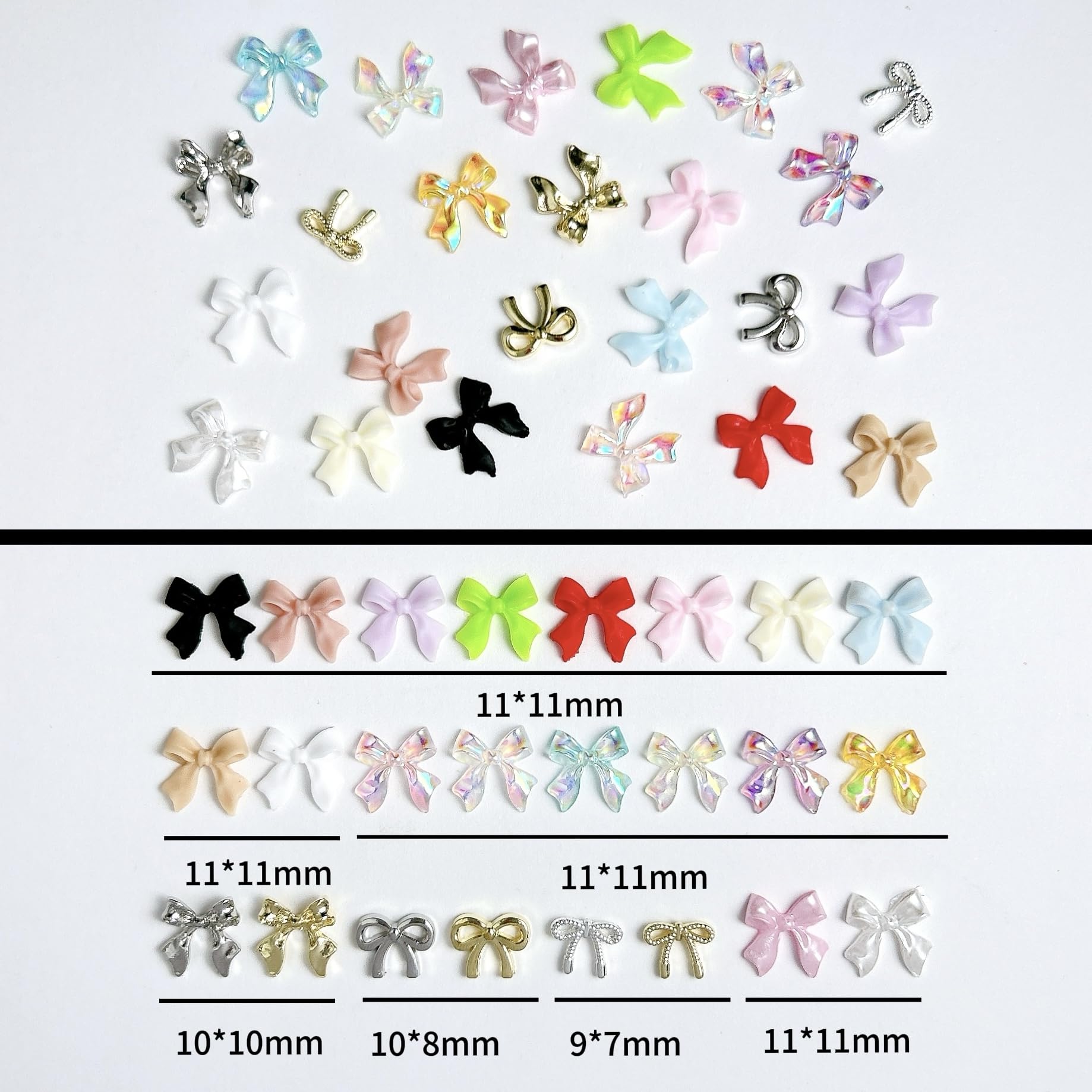 BANA ART Kawaii Color Bow nail charms assorted colors showcase vibrant options for personalized designs.