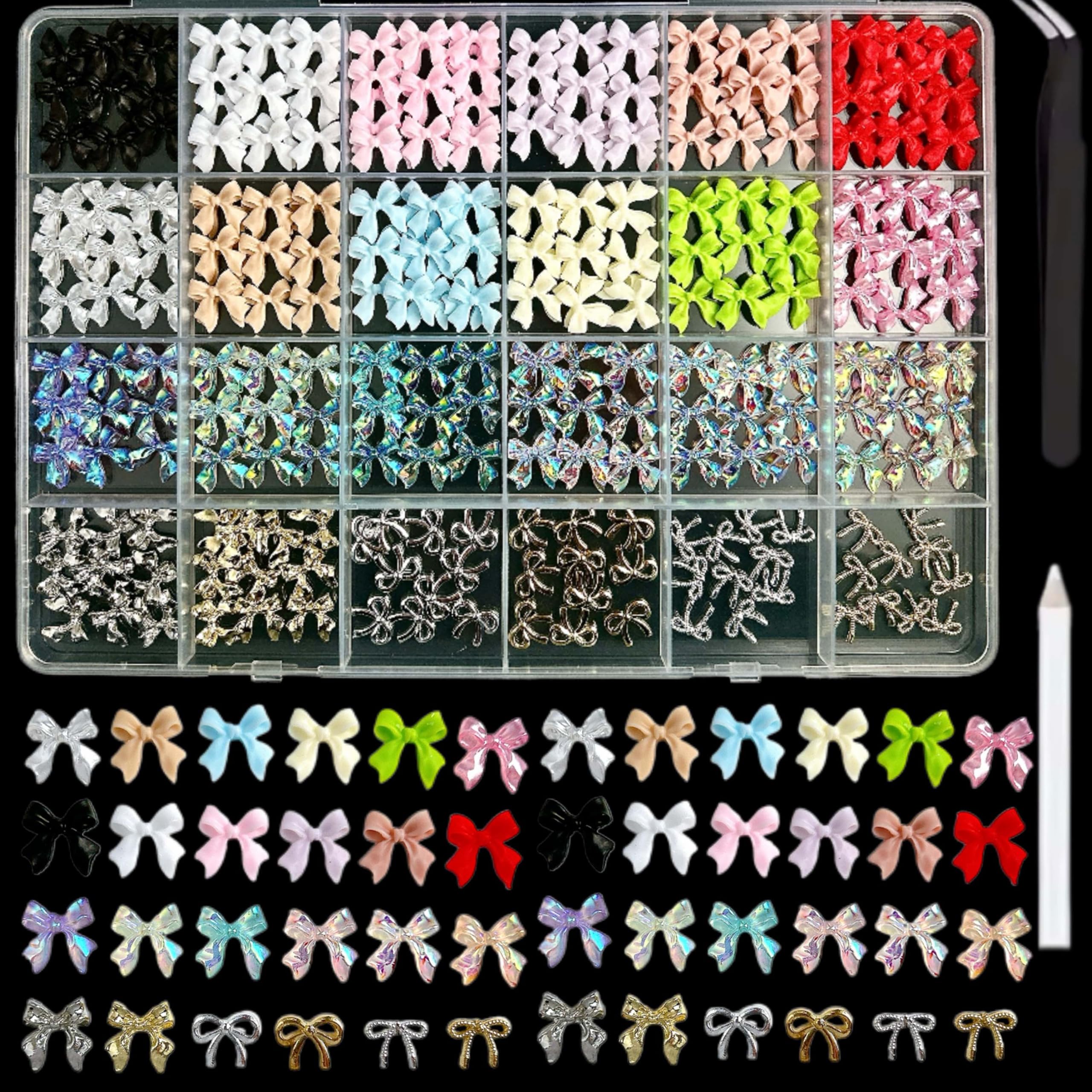 BANA ART Kawaii Color Bow nail charms box and tools for easy DIY nails.