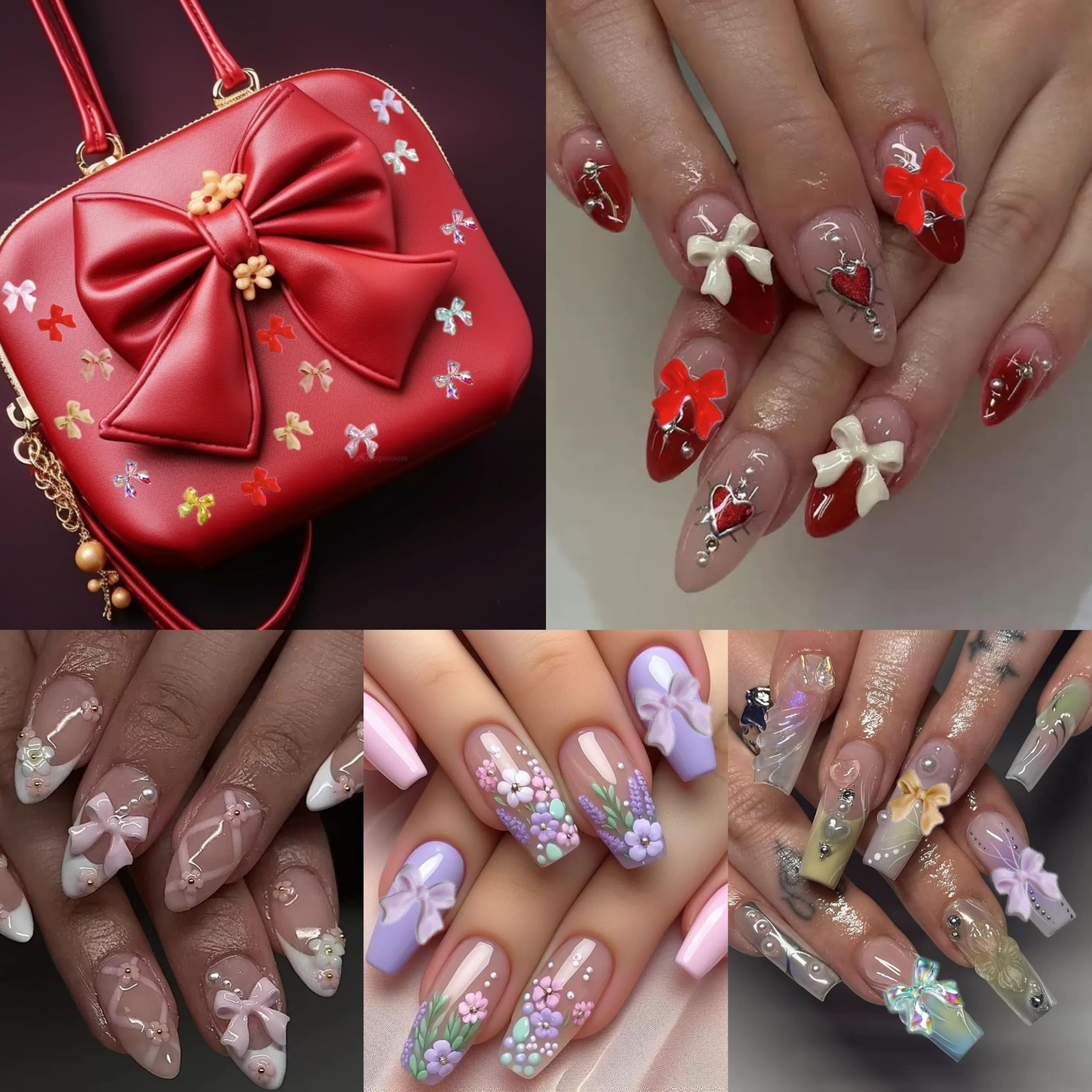 BANA ART Kawaii Color Bow nail charms sizes illustrate 4 size options for versatile layouts.