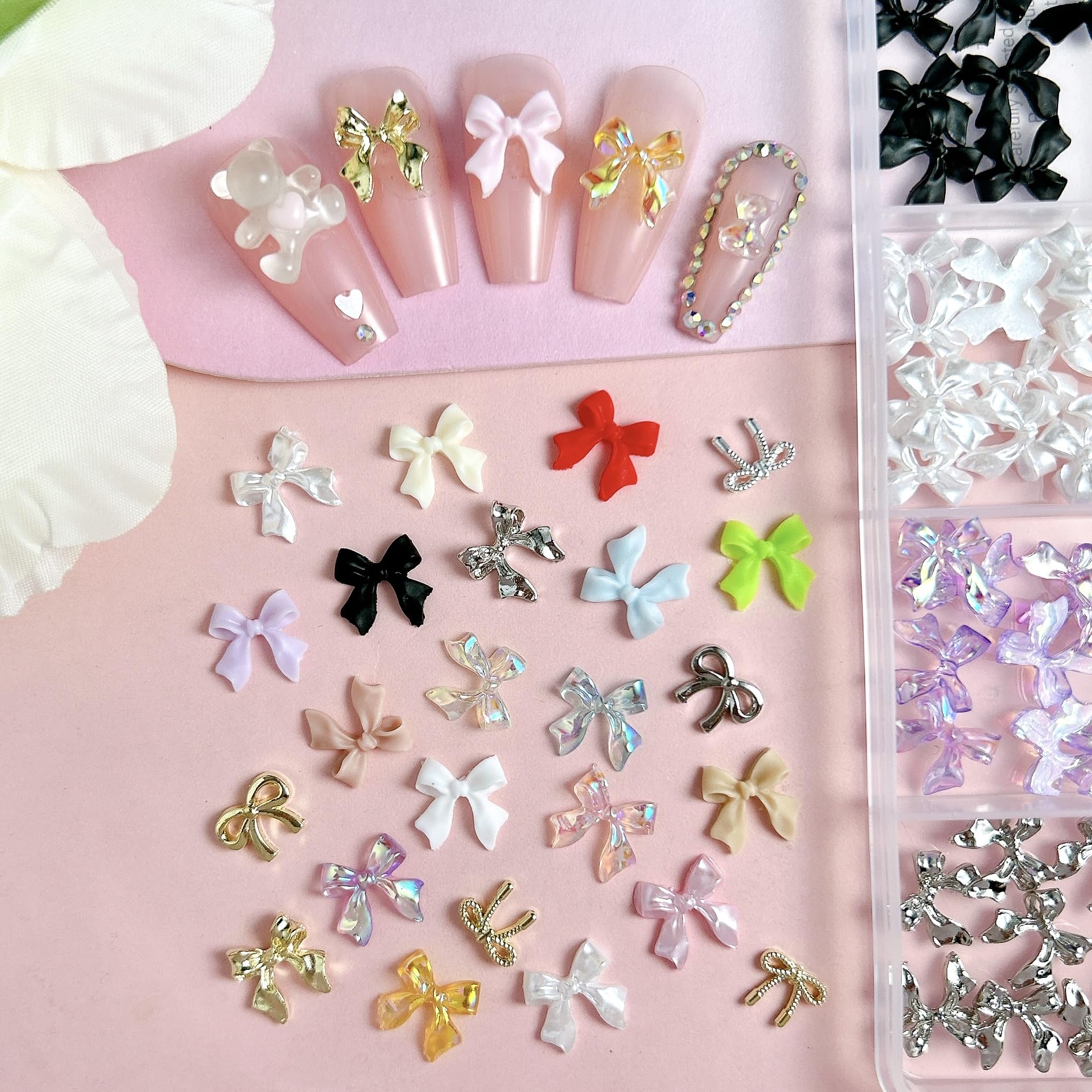 BANA ART Kawaii Color Bow nail charms tools show tweezers and picking pencil for precise placement.