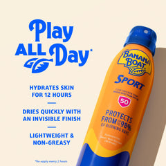 Banana Boat mist texture spraying onto skin for quick, non-greasy absorption