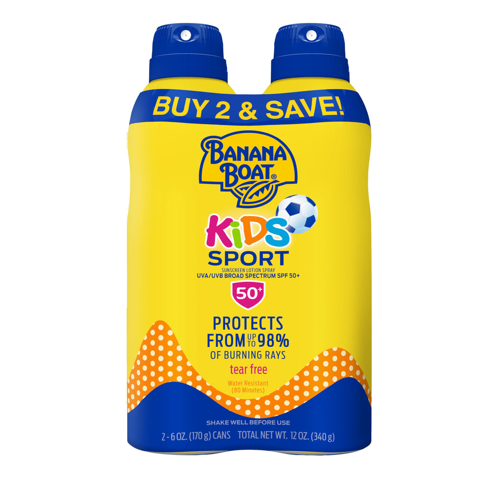 Banana Boat Sport Kids Sunscreen Spray twin-pack ready for outdoor adventures.