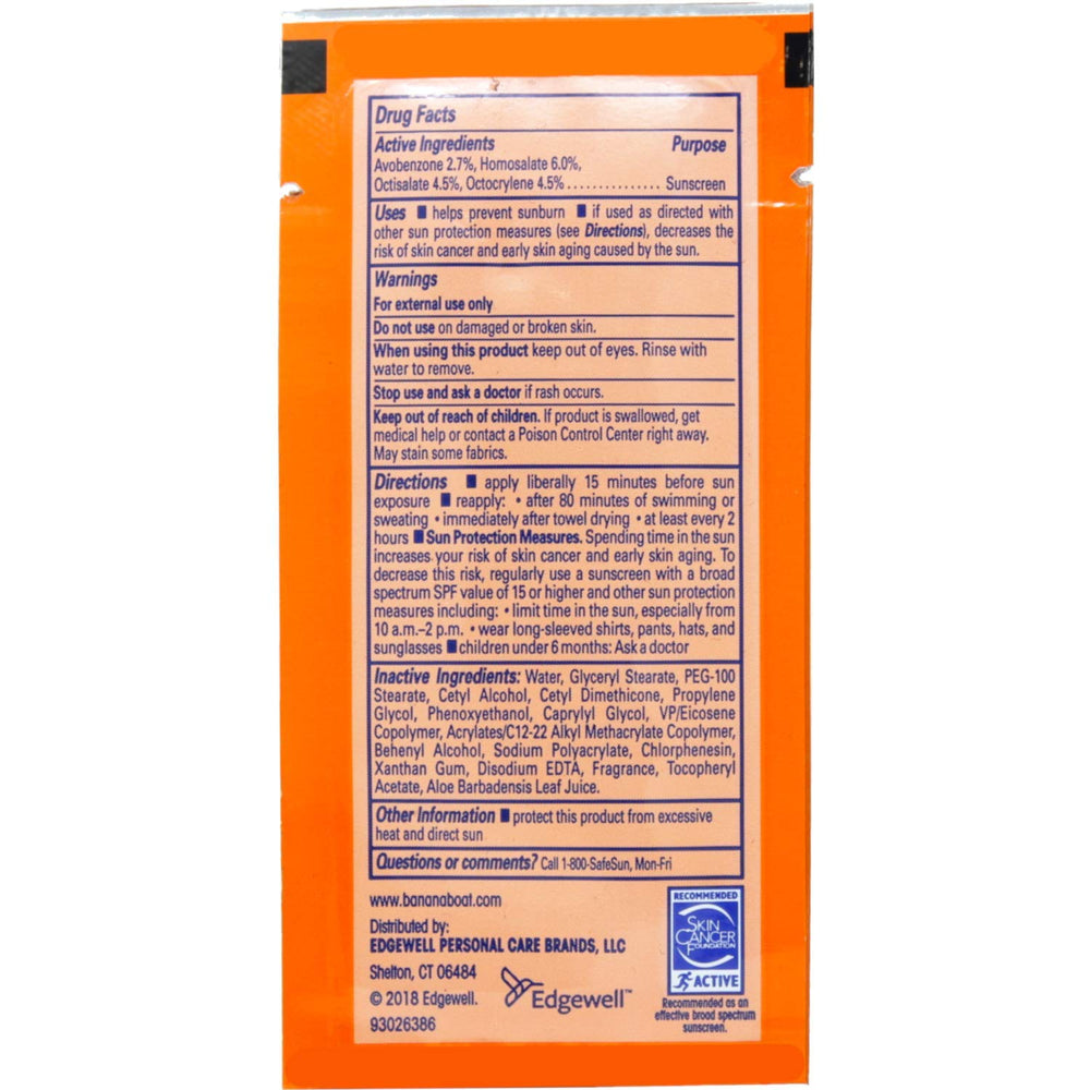 Banana Boat Sport SPF 30 in-use packets provide fast-absorbing, non-greasy coverage
