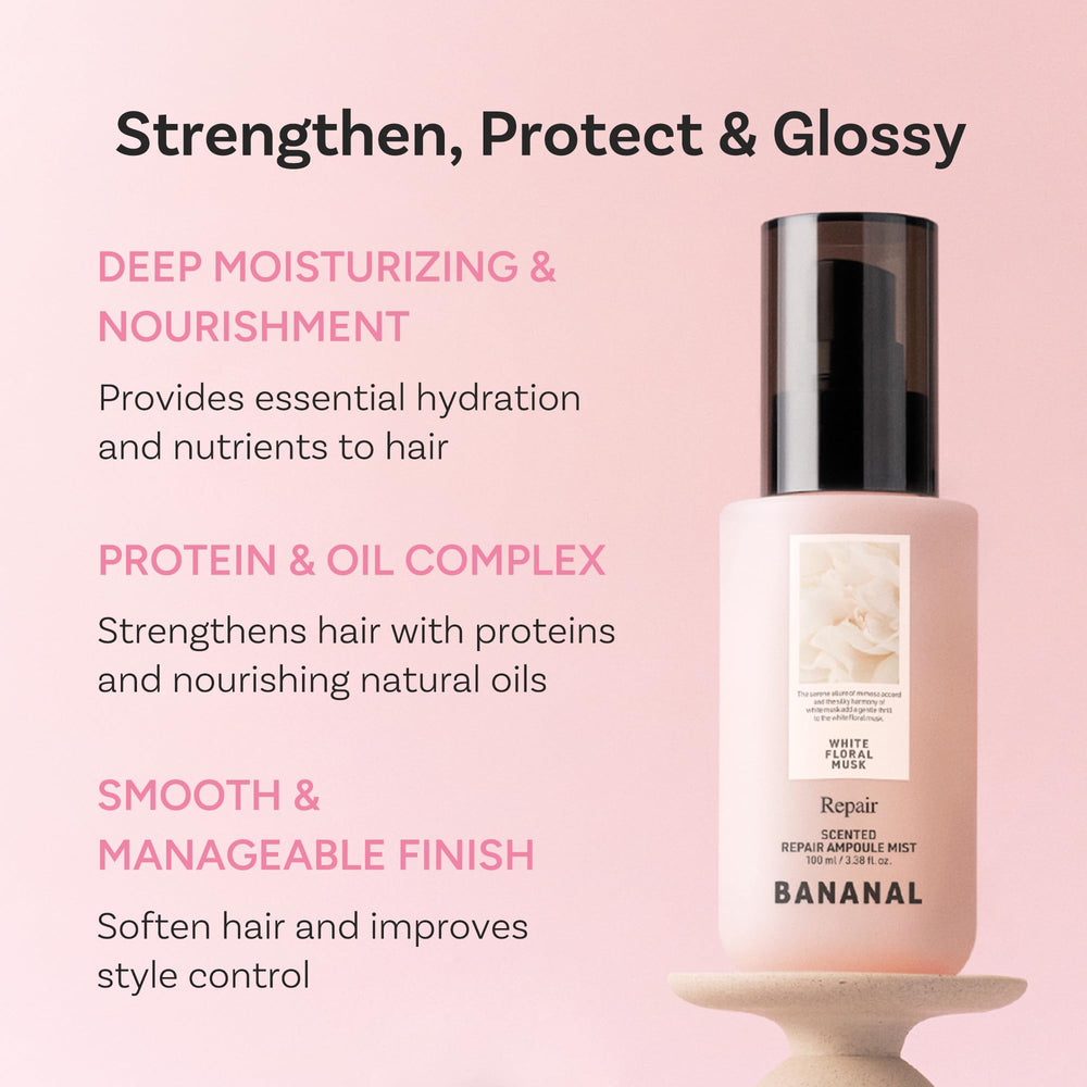 BANANAL Serum Mist ampoule detail emphasizes silk protein for stronger strands.