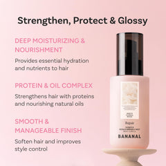BANANAL Serum Mist ampoule detail emphasizes silk protein for stronger strands.