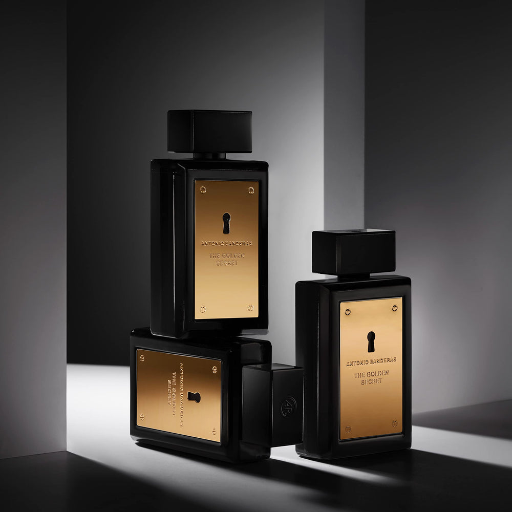 Antonio Banderas Golden Secret unboxing image evokes premium masculine fragrance