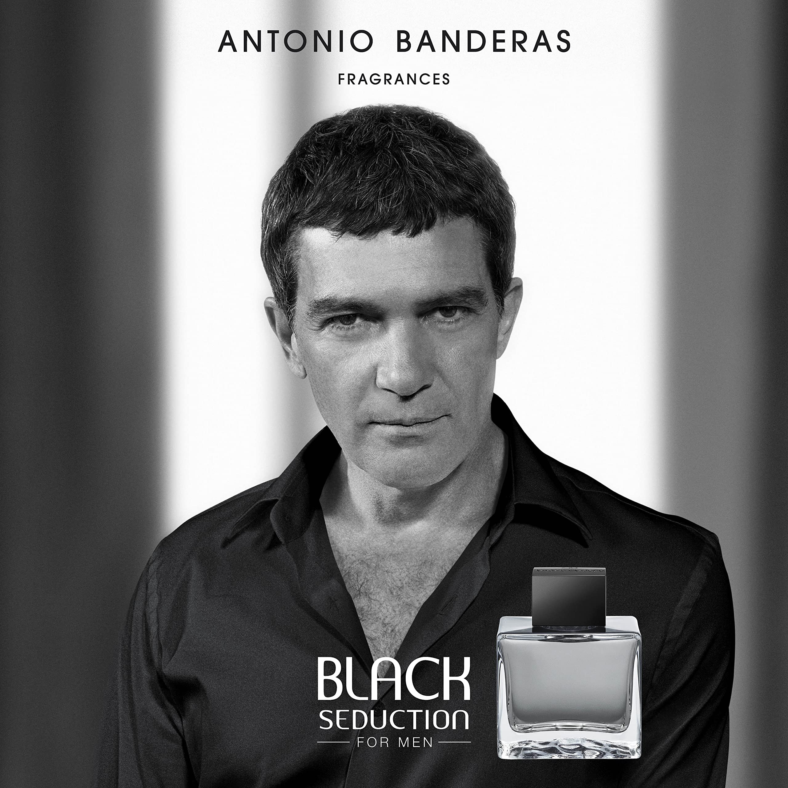 Banderas Antonio Black Seduction bottle back-label highlights authentic fragrance for confident everyday style.