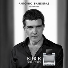 Banderas Antonio Black Seduction bottle back-label highlights authentic fragrance for confident everyday style.
