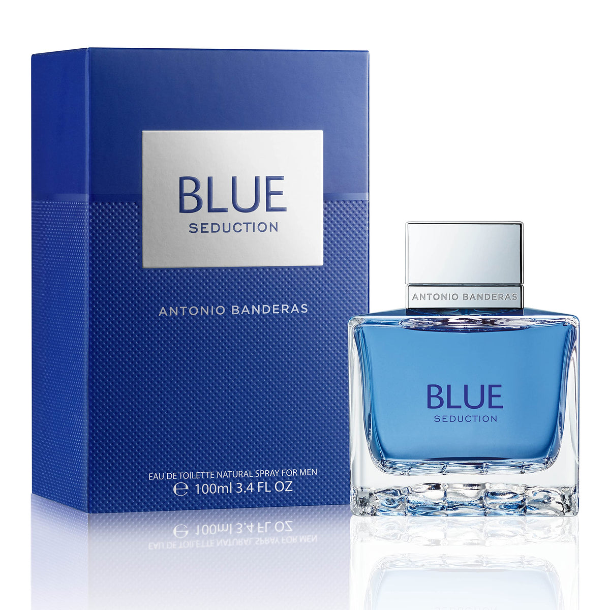 Banderas Blue Seduction bottle front view for everyday fresh, versatile male fragrance
