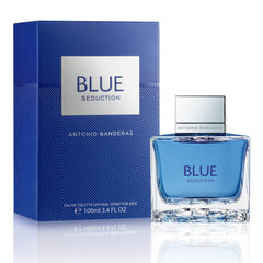 Banderas Blue Seduction bottle front view for everyday fresh, versatile male fragrance