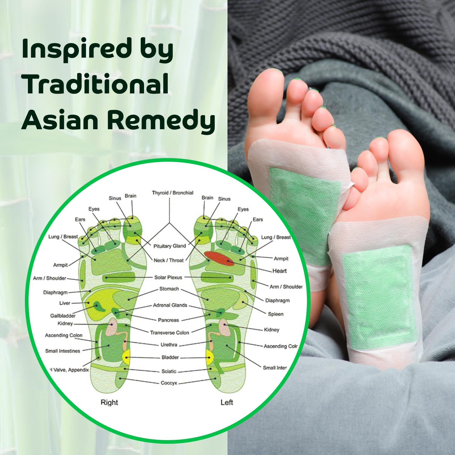 Bandoo Foot Pads bamboo vinegar formula close-up emphasizes natural ingredients for gentle care.