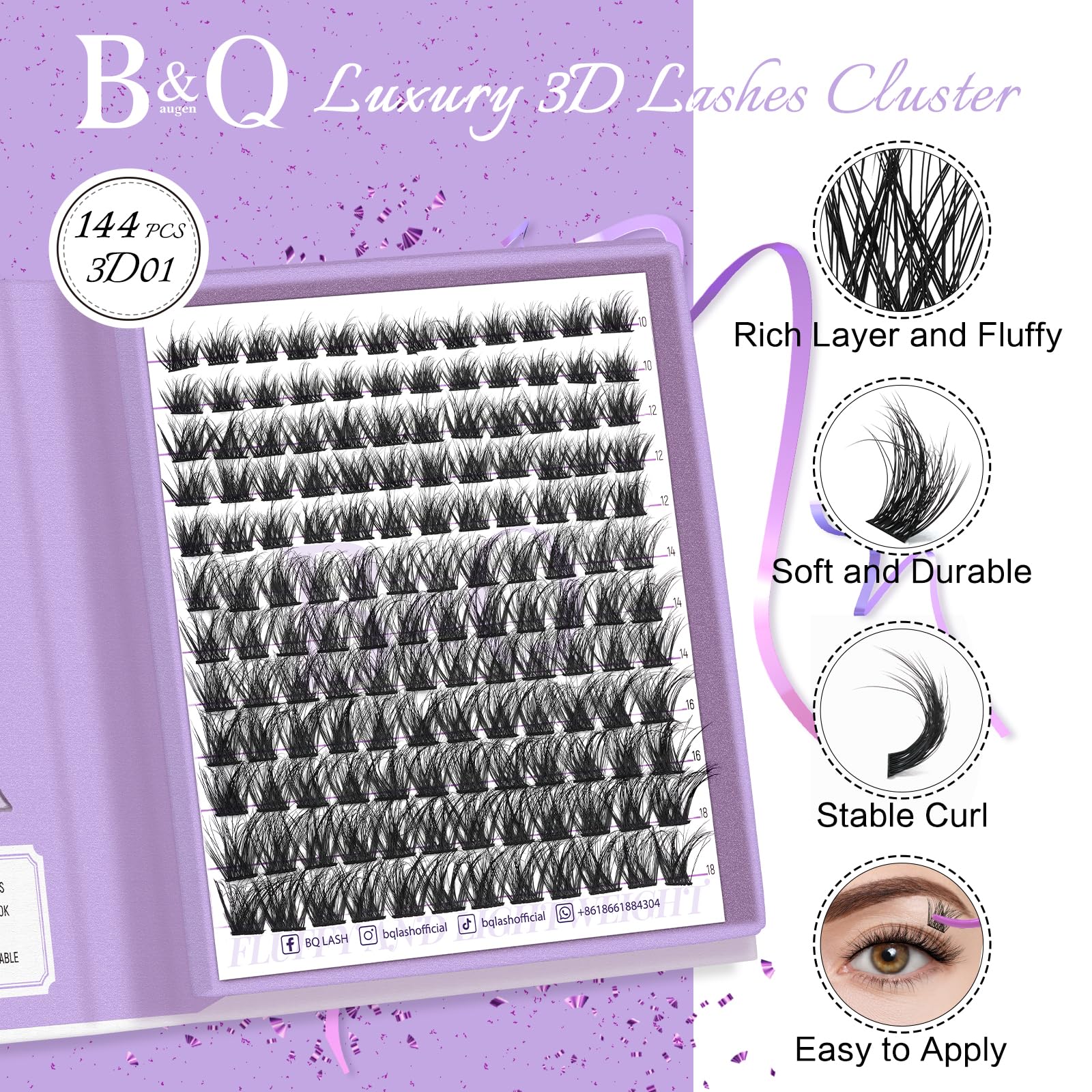 B&Qaugen Lash Clusters 3D detail emphasizes layered wisps for soft definition.