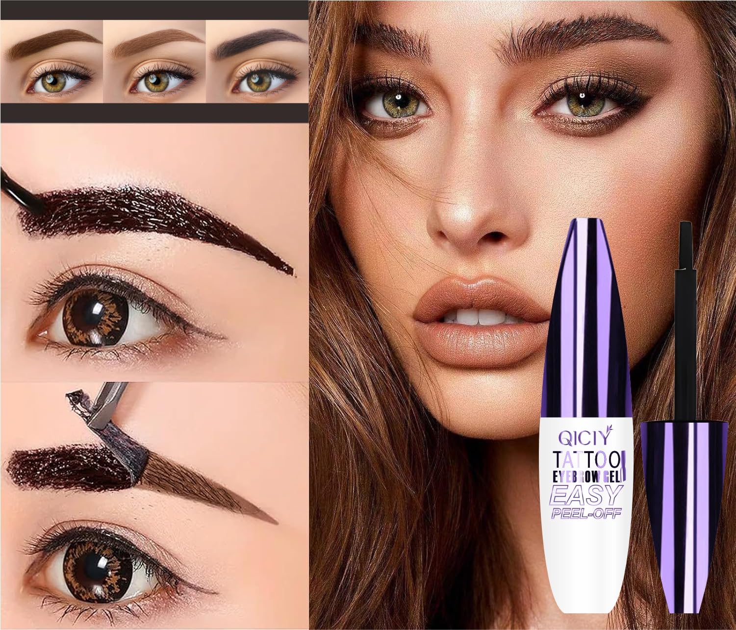 Bangfeng Easy Peel-Off Eyebrow Gel drying time illustrates 15–20 minute wait before peeling.