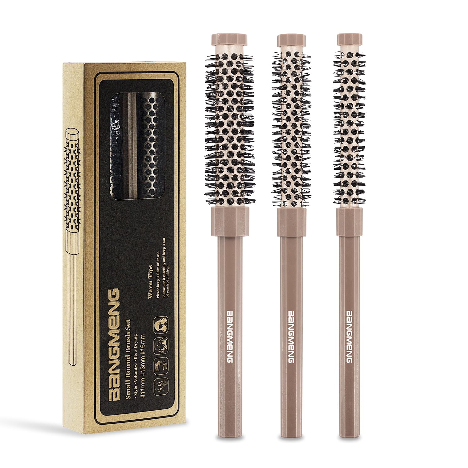 Bangmeng 3-piece round brush set packaging close-up for on-the-go styling