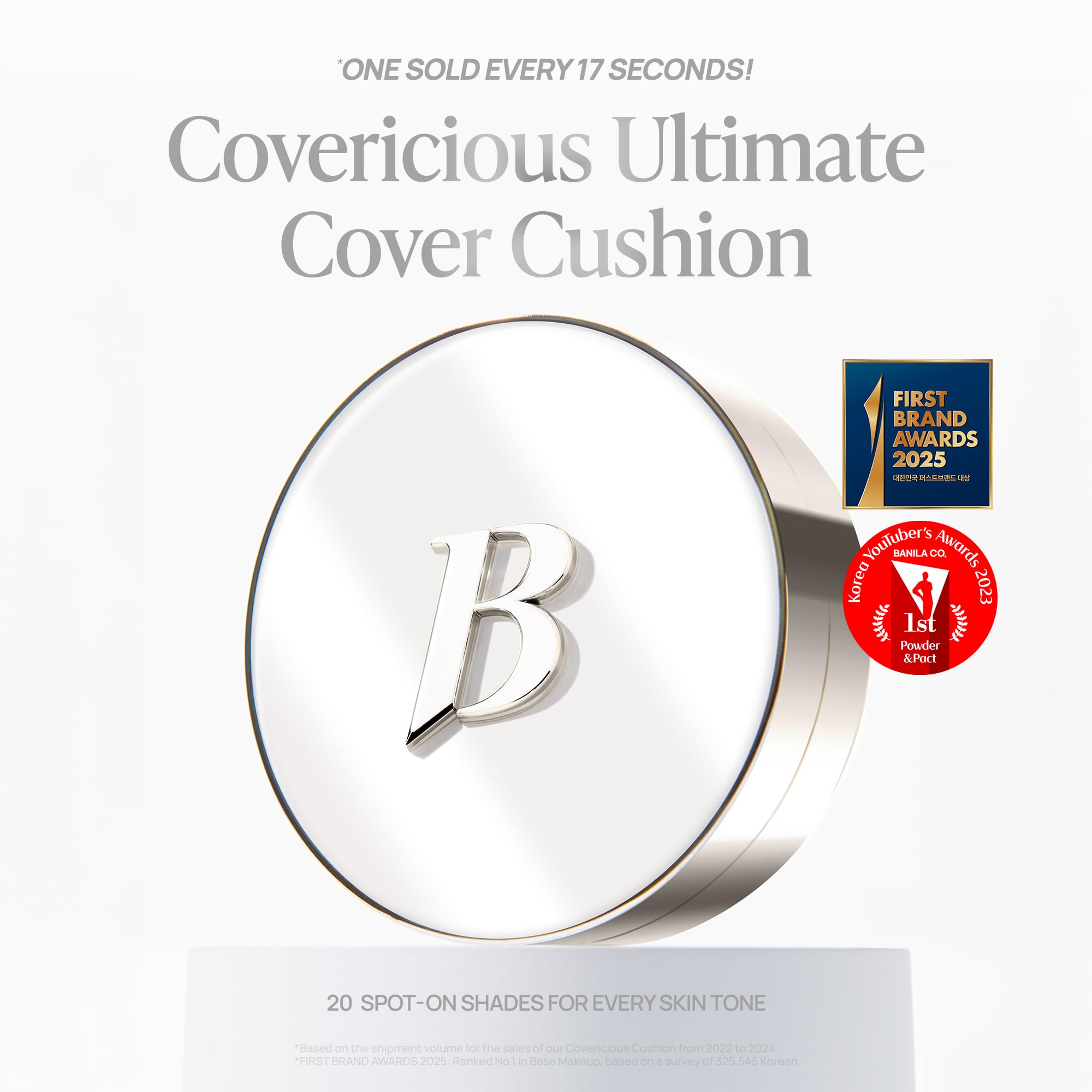 BANILA CO Covericious Ultimate Cover Cushion shade swatches show 20 tones for all skin.