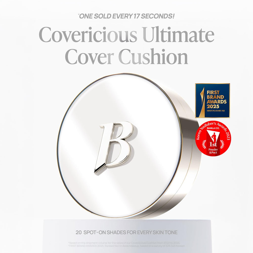 BANILA CO Covericious Ultimate Cover Cushion shade swatches show 20 tones for all skin.