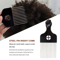 Banisyu metal pick comb closeup with reinforced teeth for curly and Afro textures.