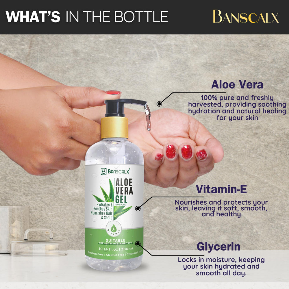 BANSCALX Aloe Vera Gel travel-friendly pump bottle for on-the-go hydration.