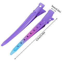 Bantoye duckbill clip gradient purple securing sections during curling and blow-drying.