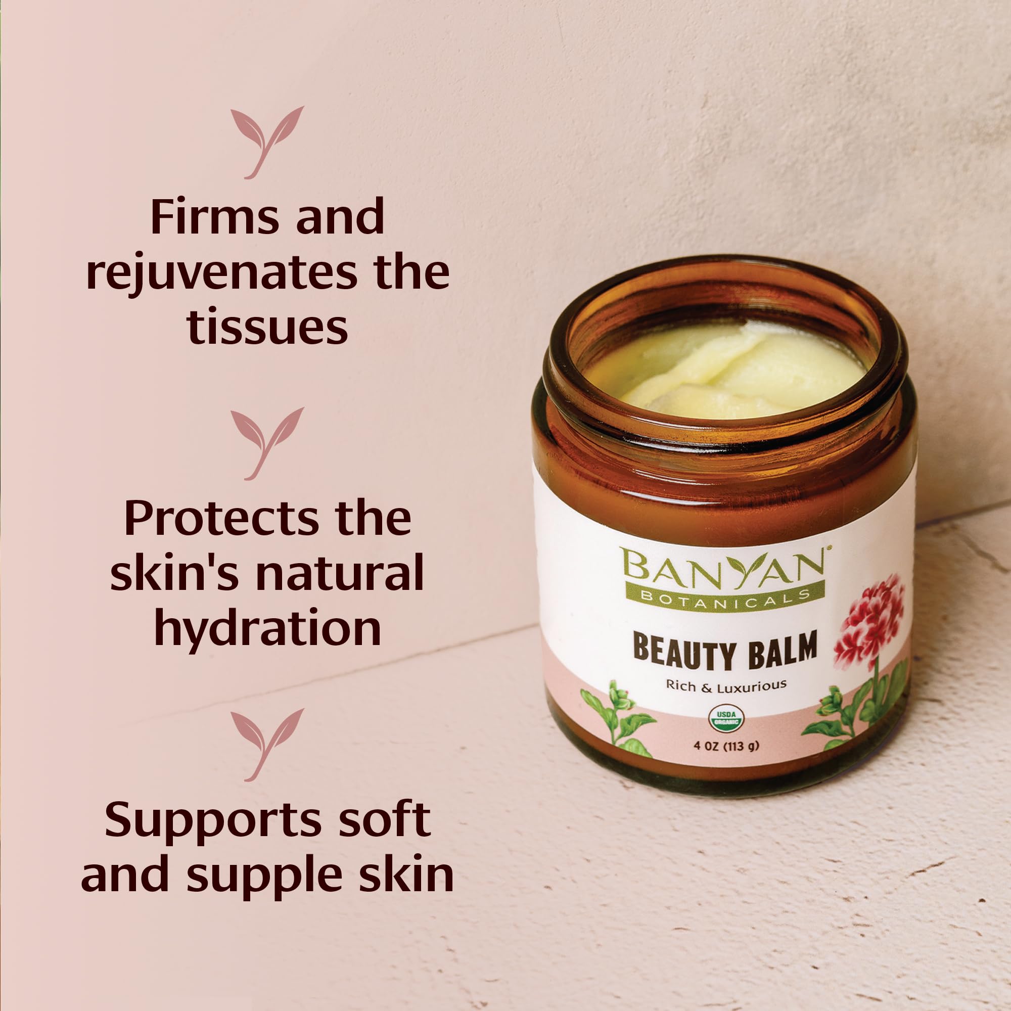 Banyan Botanicals Beauty Balm certification seal and sustainable sourcing visuals.