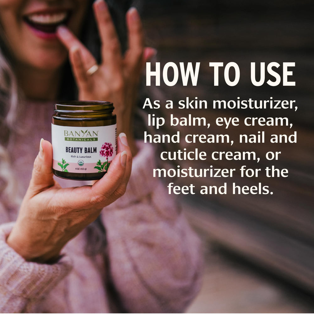 Banyan Botanicals Beauty Balm on dry skin for lasting hydration during daily care.