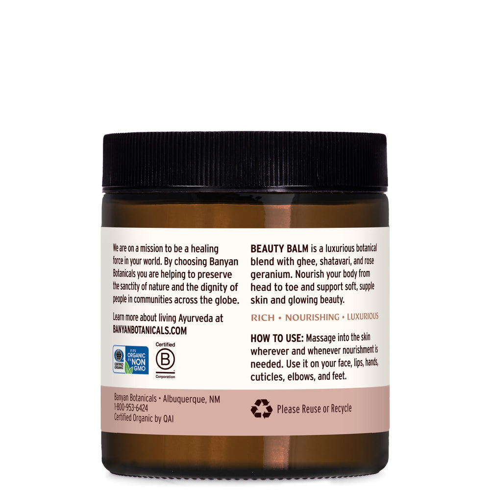 Banyan Botanicals Beauty Balm ingredients visual features ghee, coconut oil, and shatavari.