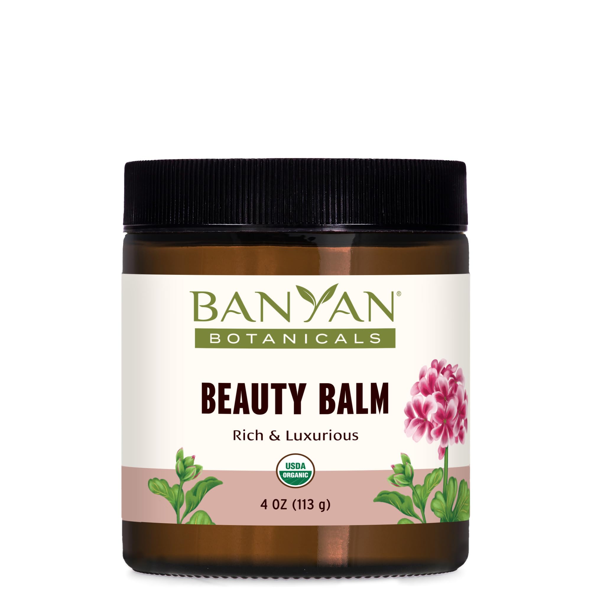 Banyan Botanicals Beauty Balm jar close-up showing creamy texture for moisturized skin.